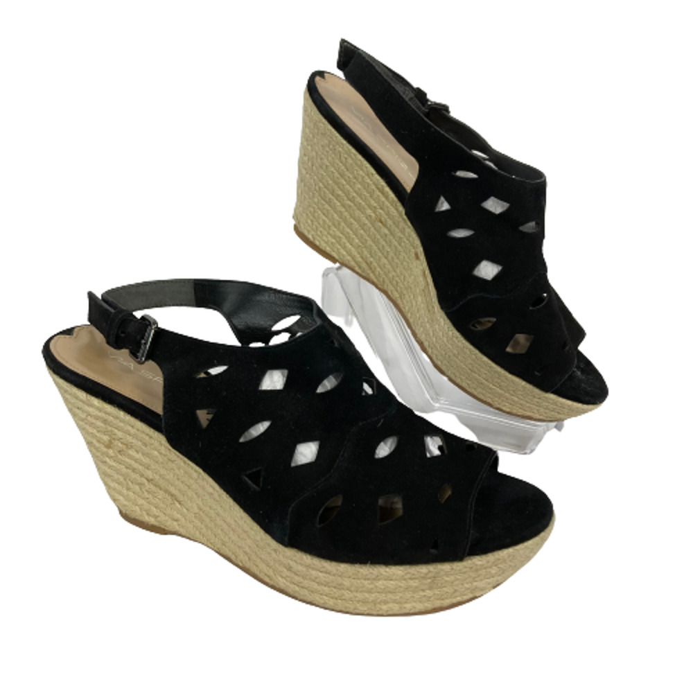 Via Spiga Sandals Womens Sz 7 Black Leather Wedge Buckle Open‎ Toe